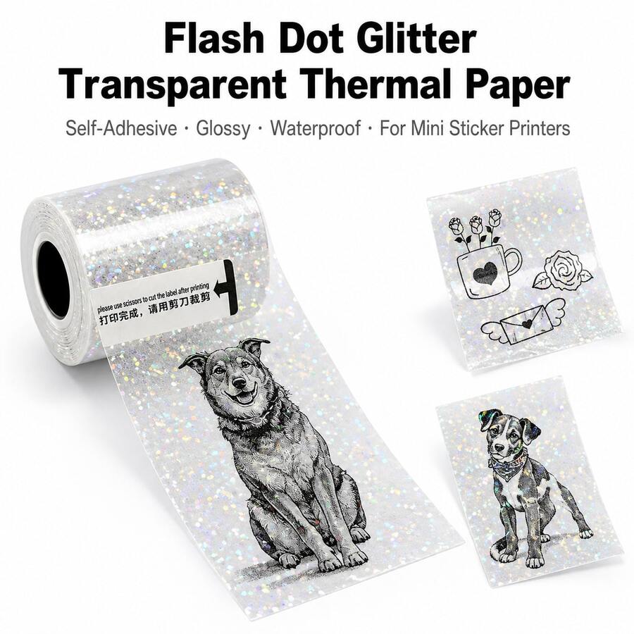 Flash Dot Glitter Transparent Mini Printer Thermal Sticker Paper Self-Adhesive 53 X 28mm, Thermal Printer Paper, Compatible With Most Mini Pocket Receipt Printers For Notes Journal Photo Study