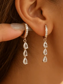 CHICAT 1 Pair Delicate Water Drop Zirconia Dangle Earrings, Gold-Tone Faux Diamond Hoop Ear Clips For Women - Gold Teardrop Pendant Earrings - View 3