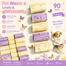 6 Rolls (90 Bags) Pet Waste Bags - Thick & Leak-Proof, Fresh Pear And Freesia Scent, Butterfly And Dog Pattern, Suitable For Pet Cleaning And Outdoor Use, Essential For Dogs And Cats - View 1