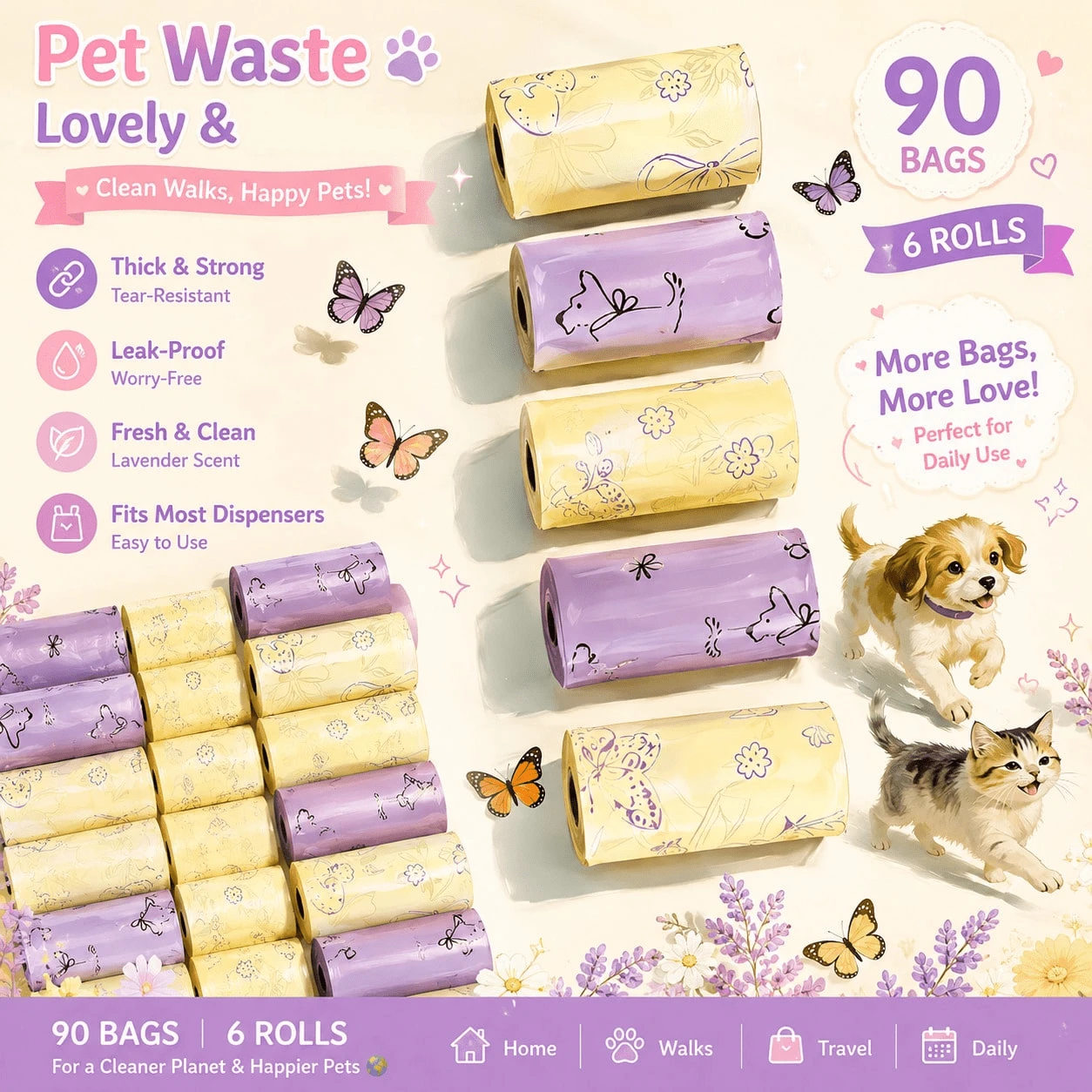 6 Rolls (90 Bags) Pet Waste Bags - Thick & Leak-Proof, Fresh Pear And Freesia Scent, Butterfly And Dog Pattern, Suitable For Pet Cleaning And Outdoor Use, Essential For Dogs And Cats - View 1