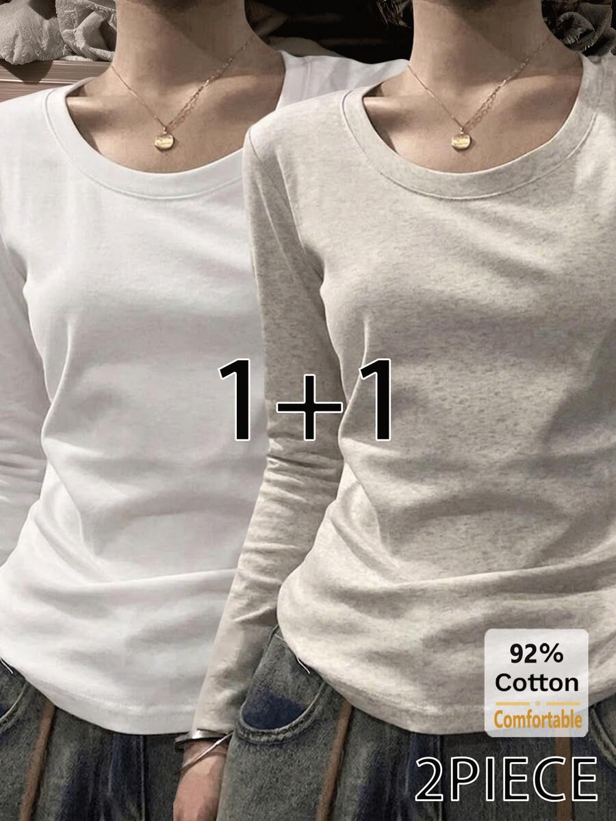 2件組女款純色長袖T恤,圓領修身內搭衫,灰色+白色百搭休閒上衣 - 花灰色+白色 - 查看 1