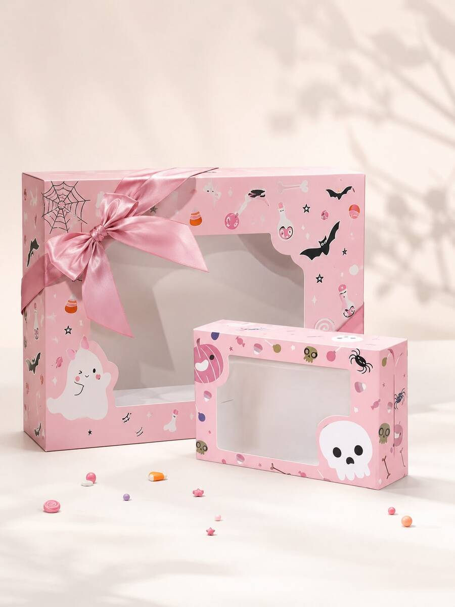 6pcs Pink Halloween Window Stickers Gift Box, Pumpkin Packaging Box, Home & Party Decoration Set, Holiday Commemorative Gift; Girly Aesthetic Decor, Suitable For Halloween Home Decor, Theme Party, Holiday Gifting And Best Friend Surprise Gift - Halloween Pink Gift Box - View 1