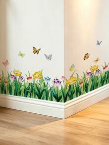 1pc Fresh Natural Grassland Butterfly Wall Sticker, Self-Adhesive Removable PVC, Baseboard Decorative Sticker, Watercolor / Illustration Dual Styles Optional, Bedroom Living Room Wall Beautification Tool, Baseboard, Wall Corner, Wall Blank Space Decoration. - Wall Stickers - View 9