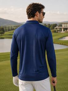 Men's Golf Long Sleeve Polo Shirt, Navy Blue Button Placket Regular Fit Collared Top, Classic Outdoor Golf Course Casual, Party Date Running Sports - Navy Blue - View 2