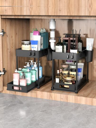 2-Pack 2-Tier Under Sink Organizer, Pull-Out Cabinet Storage Rack With Sliding Drawers & Side Hooks, Stackable Waterproof Plastic Organizer For Kitchen, Bathroom & Laundry Room, Black