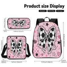 Pink & White Football Bow 2D Print 3 Pieces Backpack Set, Large Capacity Backpack With Crossbody Bag And Pencil Case, Side Elastic Mesh Pocket For Water Bottle, Wide Breathable Adjustable Shoulder Straps, Sweet & Cool Sporty Style For Daily Commute, Travel And Casual Storage - Printed Bag - View 6