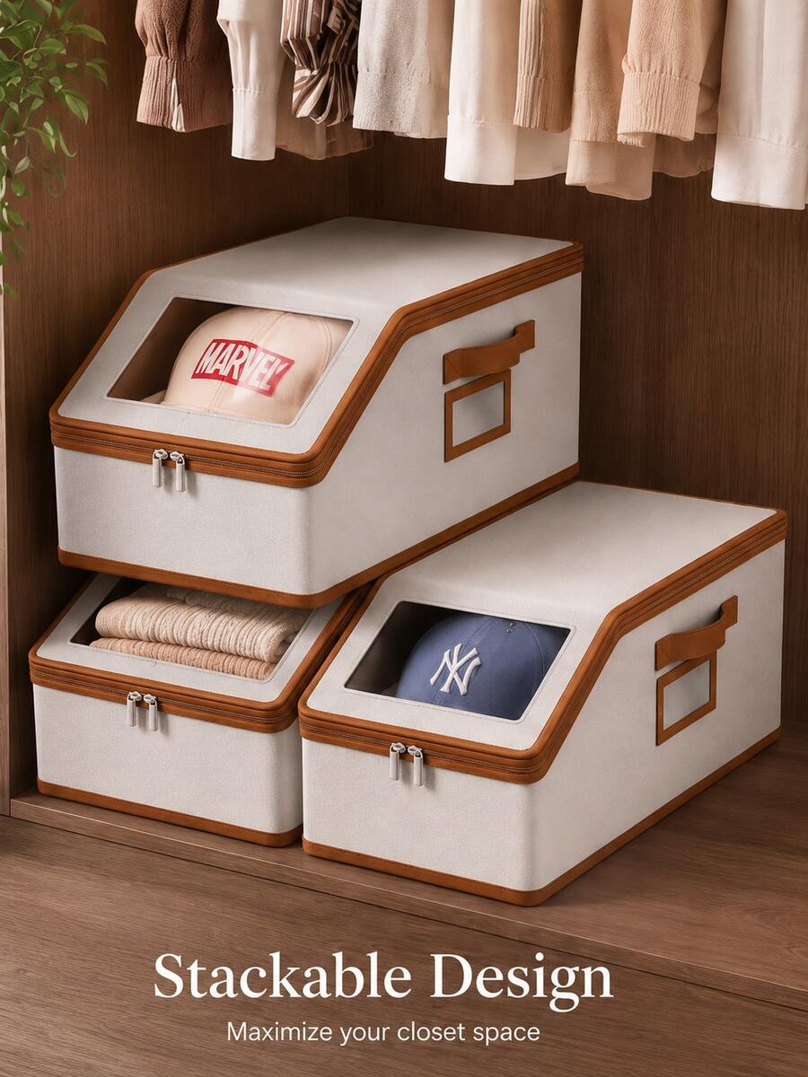 1pc Foldable Large Capacity Baseball Cap Storage Display Box - Baseball Cap Storage Box With Transparent Window And Zipper Dust Cover; Slanted Design, Suitable For Wardrobe Drawer, Bedroom, Home Decor, Storage, Autumn Home Decor, Dorm And Home Use. - Multicolor - View 1