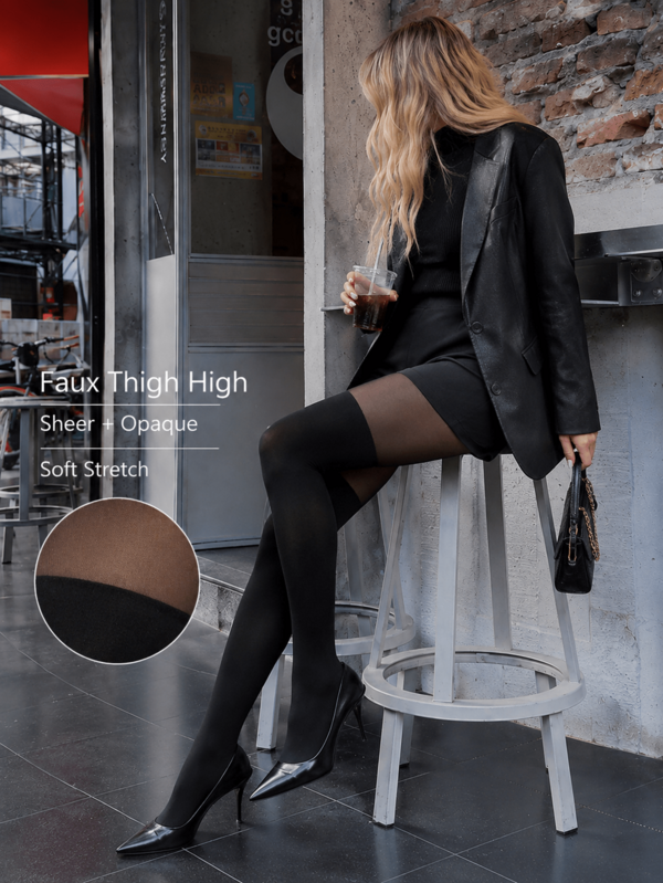 1 Pair Women's Faux Thigh-High Tights, 2-In-1 Patchwork Pantyhose, High-Waist Elastic Sheer Socks, Suitable For Autumn Parties And Daily Wear