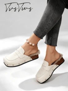 Women's Classic Square Toe Rivet Fuzzy Lining Mule Slippers, Low Heel Wedge Closed Toe Half-Slip, Warm Casual Versatile Outdoor Thermal Slippers, Autumn/Winter - Off White - View 2