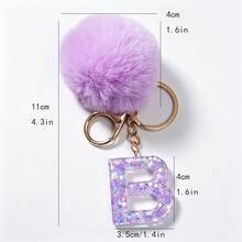 1pc Cute A-Z Letter Sequin Epoxy Keychain With Purple Fur Ball Pendant, Wallet Car Key Chain, Fashion Bag Charm, Gift For Best Friends - Lilac Purple - View 3