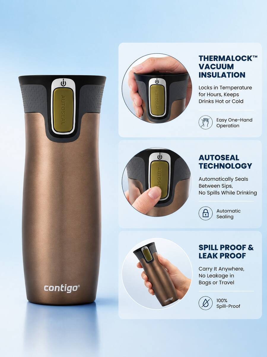 Automatic Sealing Leak-Proof Vacuum Insulated Coffee Travel Mug, Stainless Steel Portable Thermos Cup, Easy-To-Clean Lid Water Cup, Suitable For Driving, Office, Daily Commute