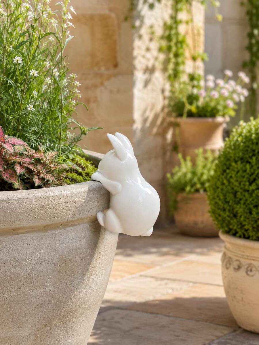 Rabbit Pot Hanger Figurine,Resin Rabbit Statue For Flower Pot Edge,Animal Garden Ornament,Waterproof Rabbit Figure For Patio Yard Balcony Plant Pot Decor,Home Outdoor Lawn Decoration Ornament,Poolside Backyard Garden Landscape Accessory - Wall-mounted White Rabbit - View 1