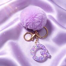 1pc Cute A-Z Letter Sequin Epoxy Keychain With Purple Fur Ball Pendant, Wallet Car Key Chain, Fashion Bag Charm, Gift For Best Friends - Lilac Purple - View 14