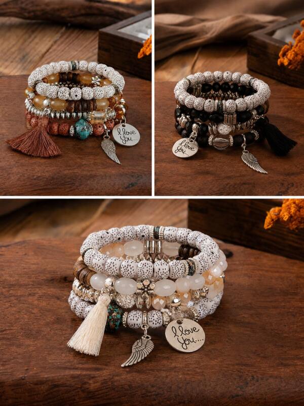 4pcs/Set Girls Bohemian Multi-Layer Beaded Bracelet Set, Wooden Beads Faux Stone Tassel Wing Pendant Children Stacking Jewelry