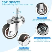 4 Packs Mini Casters With 1.5-Inch Threaded Stem, Flat Plate Caster Wheels With Brakes And Screw Studs (M8x 20mm), Ball-Bearing Silent TPE Rubber Low-Profile Casters For Furniture, Rolling Carts, And Small Shopping Carts - Silver - View 3