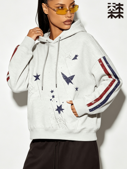 mulinsen Women's Loose Star Print Hooded Sweatshirt, Contrast Stripe Drop Shoulder Sporty Sweatshirt, Suitable For Daily Streetwear