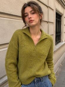 Green Ribbed Knit Pullover Sweater For Women, Chic Long Sleeve Drop Shoulder Collared Knit Top For Fall - Green - View 1