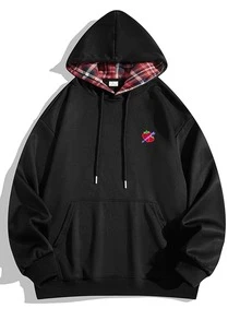 Herrsporttröja, avslappnad streetwear för utomhusbruk, enfärgad långärmad hoodie med muddar, dragsko och schackrutigt mönster, höst/vinter - Svart - Visa 5
