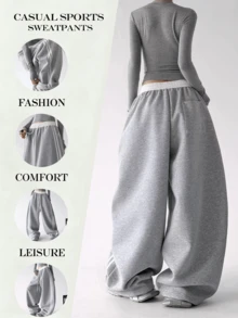 Women's Fashion New Contrast Color Design Side Stripe Drawstring Pocket Wide Leg Sweatpants, Loose Casual Straight Leg Pants For Daily Wear, Dance, Running, All Seasons - Light Grey - View 4