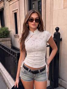 Vela Rue Women's White Sheer Floral Lace Cheongsam Top, Short Sleeve Nylon Mid-Stretch Blouse, Elegant Choice - White - View 4
