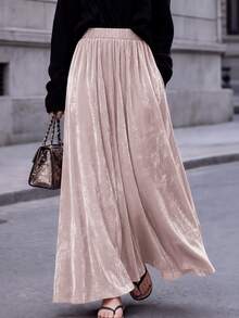 Women's Pink Velvet Mid-Length Skirt, Elegant Polyester Non-Stretch Formal Evening Gown, Suitable For Special Occasions - Pink - View 2