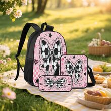 Pink & White Football Bow 2D Print 3 Pieces Backpack Set, Large Capacity Backpack With Crossbody Bag And Pencil Case, Side Elastic Mesh Pocket For Water Bottle, Wide Breathable Adjustable Shoulder Straps, Sweet & Cool Sporty Style For Daily Commute, Travel And Casual Storage - Printed Bag - View 8