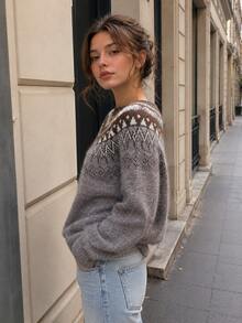 Women's Fair Isle Knit Sweater, Long Sleeve Round Neck Drop Shoulder Top, Cozy Winter & Fall Knitwear - Khaki - View 5