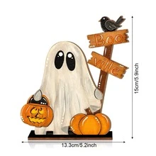 1pc Halloween Ghost Pumpkin Wooden Desktop Ornament 2D Flat BOO Sign Crow Decor Holiday Tabletop Window Display Atmosphere Prop - Ghost - View 12