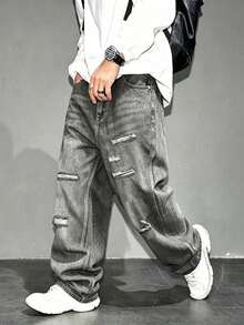 Men's American Vintage Distressed Ripped Loose Fit Washed Denim Jeans - Grey - View 4