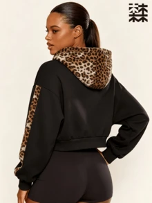 mulinsen Women's Leopard Print Patchwork Short Sweatshirt Sweatshirt, Drawstring Drop Shoulder Sports Sweatshirt, Suitable For Daily Streetwear Style - Black - View 7