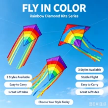 Multi-Tail Curved Diamond Kite, Rainbow Gradient, Heavy-Duty Fabric, Multiple Streamers, Easy To Fly In Light Wind, 3 Styles For Outdoor Beach Lawn - Multi-tail Colorful Diamond Kite-2 - View 7