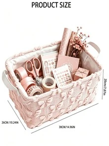 1pc Sweet Pink Bow Jacquard Fabric Storage Basket With White Leather Handle, Suitable For Home Storage, Bedroom Decor, Picnic Essentials, Travel Accessories, Kitchen Storage Solutions, And Perfect Gift Packaging Idea For Various Occasions - Multicolor - View 4