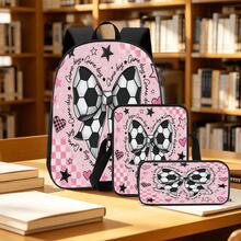 Pink & White Football Bow 2D Print 3 Pieces Backpack Set, Large Capacity Backpack With Crossbody Bag And Pencil Case, Side Elastic Mesh Pocket For Water Bottle, Wide Breathable Adjustable Shoulder Straps, Sweet & Cool Sporty Style For Daily Commute, Travel And Casual Storage - Printed Bag - View 9