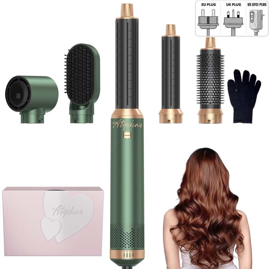 ATOPSKINS 5-In-1 Hot Air Blow Dryer & Professional Salon-Grade Styling Tool Set | 5 Detachable & Interchangeable Heads + 3 Precise Temperature Settings | Auto-Curling & Multiple Styling (Curling/Wavy/Straight/Smooth/Volumizing/Inward Curl/Outward Curl)