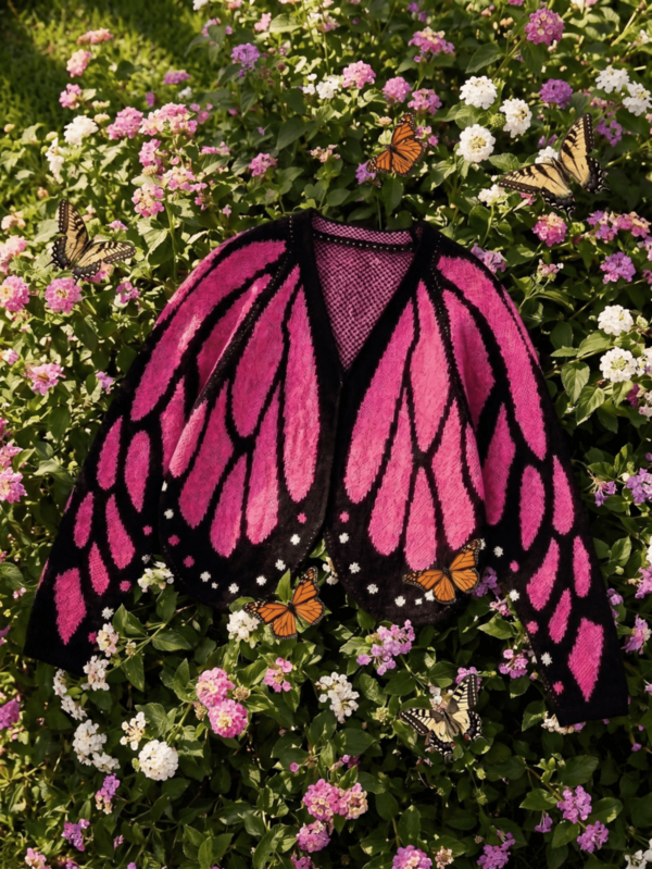 1 pieza Cárdigan corto de punto con estampado de alas de mariposa estilo Y2K para mujer, adecuado para la calle, viajes, fiestas de otoño