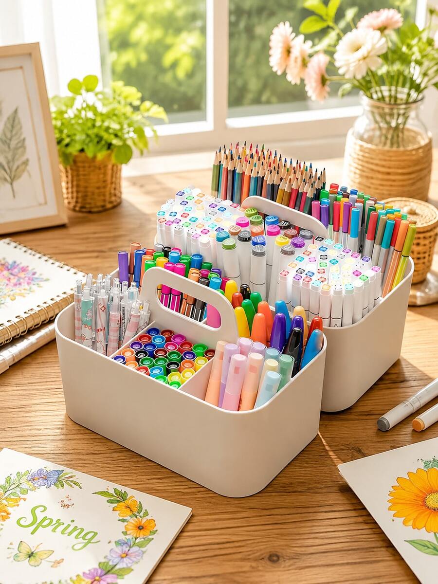 Multifunctional Transparent Storage Basket With Handle, 5-Compartment Desktop Organizer, Large Capacity Plastic Stationery Box, Suitable For Pens, Pencils, Markers And Crayons, Portable Pen Holder