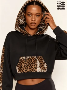 mulinsen Women's Leopard Print Patchwork Short Sweatshirt Sweatshirt, Drawstring Drop Shoulder Sports Sweatshirt, Suitable For Daily Streetwear Style - Black - View 8