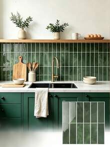 Self-Adhesive Anti-Splash Wall Tile, 12*12 Inch Green Marble Strip Self-Adhesive Wall Tile, Glossy Waterproof Oil-Resistant Removable Mosaic Tile Sticker, 2D Textured Decorative Wall Sticker, Suitable For Kitchen, Bathroom, RV, Laundry Room Wall Decoration - Dark Green Large Size - View 1
