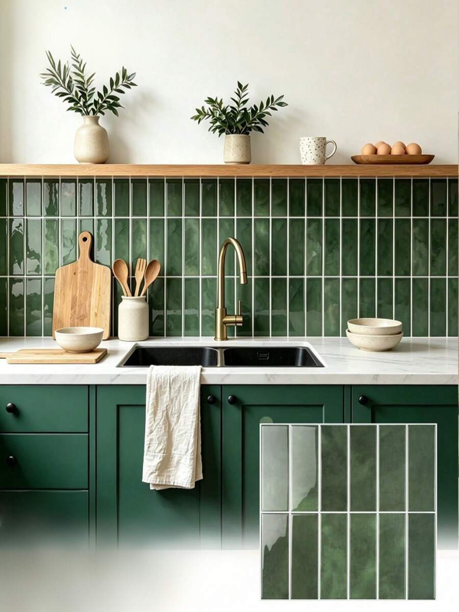Self-Adhesive Anti-Splash Wall Tile, 12*12 Inch Green Marble Strip Self-Adhesive Wall Tile, Glossy Waterproof Oil-Resistant Removable Mosaic Tile Sticker, 2D Textured Decorative Wall Sticker, Suitable For Kitchen, Bathroom, RV, Laundry Room Wall Decoration - Dark Green Large Size - View 1