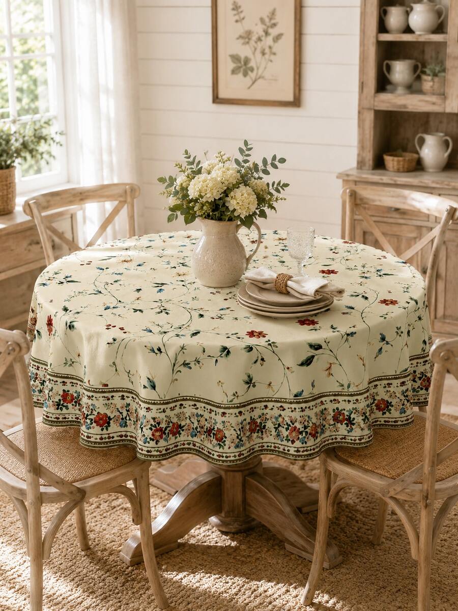 1pc Vintage Wildflower Floral Polyester Tablecloth, Country Farmhouse Rectangular Dining Tablecloth, Bohemian Country Style Kitchen Dining Room Home Decor - M - View 1