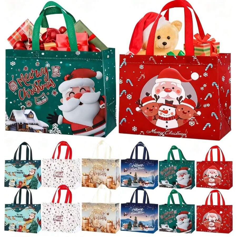 1/6/12pcs Tas Kado Natal (Dengan Pegangan) | Tas Kado Pesta Ekstra Besar - Dapat Digunakan Kembali, Dicetak Dengan Motif Natal, Santa Claus, dan Manusia Salju - Sempurna Untuk Belanja Liburan dan Pesta Natal - A - View 1