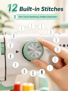 SMEGGEMS High-End Household Electric Sewing Machine, Green, Double-Needle Double-Thread, Automatic Winding 12-Stitch Edge Locking, Metal Tip, Adjustable Speed, One-Button Reverse Sewing, With Lighting, Suitable For Family Use, Handmade DIY, Holiday Gifts - Mint Green - View 4