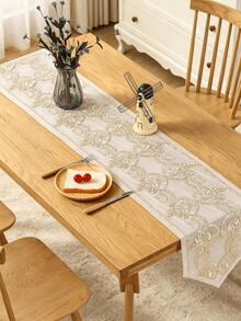 1pc Gold/Red/Coffee Floral Embroidered Table Runner, Vintage Lace Thin Linen Tablecloth, Elegant Dining Table Decor, Suitable For Weddings, Banquets, Family Gatherings, Holiday Decorations - Beige - View 4