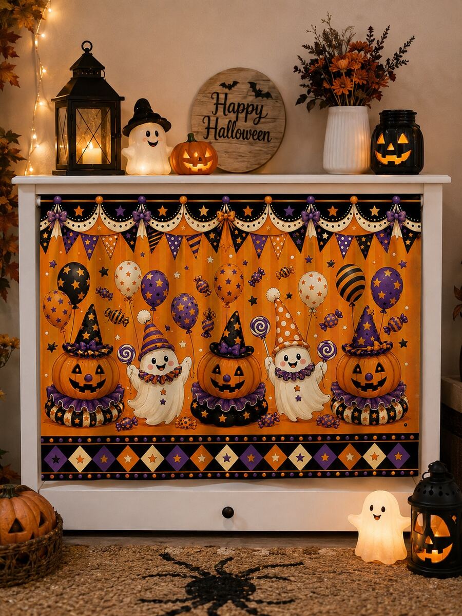 1pc-Halloween Multipurpose Decorative Curtain, Pumpkin Ghost Balloon Candy Party Print, Home Storage Cover & Holiday Decor - Multicolor - View 1
