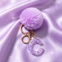 1pc Cute A-Z Letter Sequin Epoxy Keychain With Purple Fur Ball Pendant, Wallet Car Key Chain, Fashion Bag Charm, Gift For Best Friends - Lilac Purple - View 17