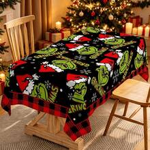 The Grinch 1pc Christmas Tablecloth, Party Dining Table Cloth, Green Monster Christmas Tree Gift Snowflake Pattern, Rectangular Tablecloth Shape, Black And Red Plaid Border, High-Definition Digital Print, Holiday Dust-Proof Decorative Table Mat, Suitable For Winter Christmas Gatherings, Theme Parties, Family Banquets, Holiday Tabletop Decor Scenes - Tablecloth - View 12
