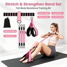 Pink 5-Piece Durable Resistance Band Set With Foot Pedal, Handle, For Abdominal, Waist, Arm, Core, Leg, Sit-Up Exercise, Fitness And Stretching - Hot Pink - View 2
