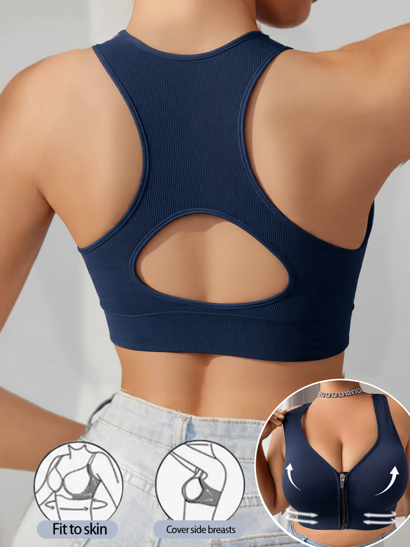 1 pc Bra Olahraga Tanpa Kawat Ukuran Besar dengan Ritsleting Depan, Desain Racerback Berlubang, Pakaian Dalam Rib Seamless dengan Penyangga Samping dan Pengangkatan Tinggi, Elastisitas Sedang, Cocok untuk Wanita untuk Harian & Olahraga - Navy Blue - View 1