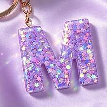 1pc Cute A-Z Letter Sequin Epoxy Keychain With Purple Fur Ball Pendant, Wallet Car Key Chain, Fashion Bag Charm, Gift For Best Friends - Lilac Purple - View 4