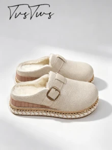 Women's Autumn/Winter New Woven Metal Buckle Thermal Lined Thick Sole Mule Slippers, Rope Trim Rivet Round Toe Closed Toe Half-Slip, Bohemian Warm Outdoor Thermal Slippers - Apricot - View 4